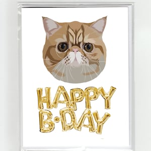 Exotische korthaar Kat en Gouden Ballonnen Happy Birthday Wenskaart, Cute Funny Illustratie Fun Flat Nose Face
