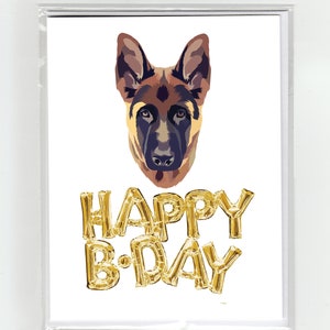 Duitse herdershond & gouden ballonnen happy birthday wenskaart, schattige grappige pup illustratie leuk