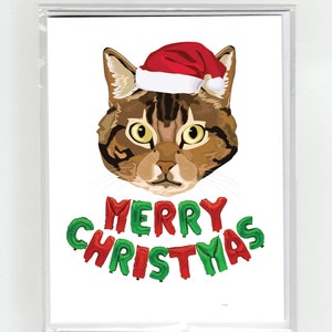 Gato malhado Feliz Natal Cartão Gatos Engraçado Fofo, Ilustração Balões de Chapéu de Papai Noel