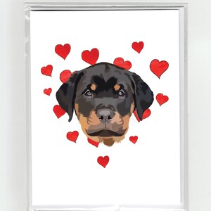Rottweiler Puppy & Hearts Carte de vœux, Chats Drôles Chiens Aquarelle Illustration Dessin Original Mignon Amour Valentin