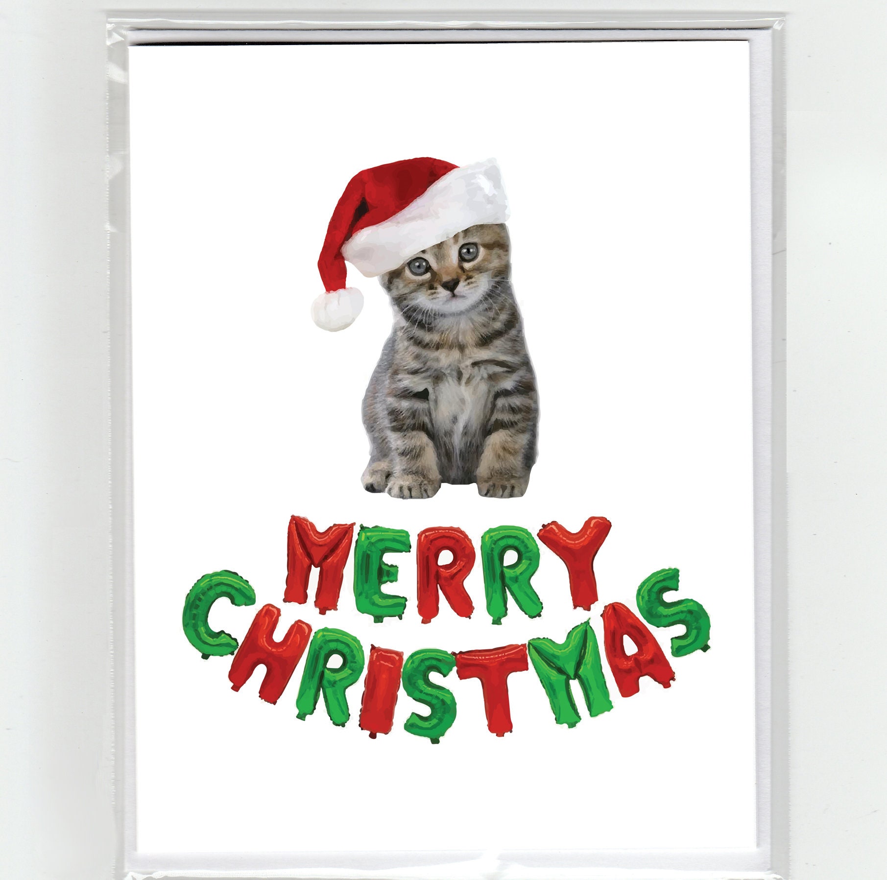 Tabby Cat Kitten Merry Christmas Greeting Card Cats Funny Cat Tongue Santa Claus Hat Balloons Shorthair Etsy Canada