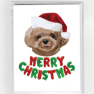Cartão de Feliz Natal para Cachorro Poodle Cachorros Engraçados Fofos, Ilustração Chapéu de Papai Noel Balões