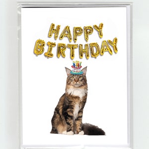 Maine Coon Cat - Ballons Happy Birthday Greeting Card Hat Cute Funny Confetti domestic Longhair