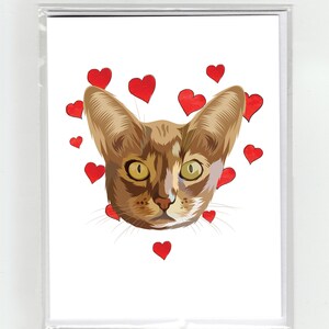 Abessijnse korthaar Kat & Harten Wenskaart, Katten Grappige Honden Aquarel Illustratie Tekening Originele Leuke Liefde Valentijn