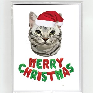 Gato americano de pelo curto cinza Cartão de felicitações de feliz natal Gatos engraçados fofos, ilustração Chapéu de papai noel Balões