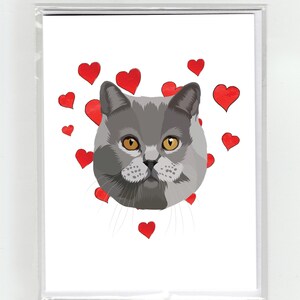 Carte de vœux British Shorthair Cat & Hearts, Cats Funny Dogs Aquarelle Illustration Dessin Original Mignon Amour Valentine