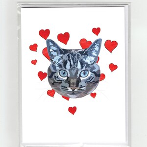 Grijze Tabby Kat & Harten Wenskaart, Katten Grappige Honden Aquarel Illustratie Tekening Originele Leuke Liefde Valentijn