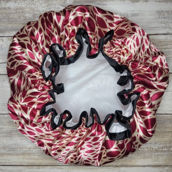 Reusable Burgundy & Cream Leaf Shower Cap