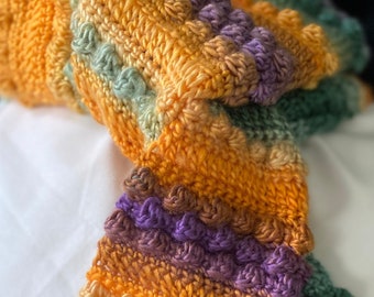 Handmade crochet chunky bobble scarf orange green purple