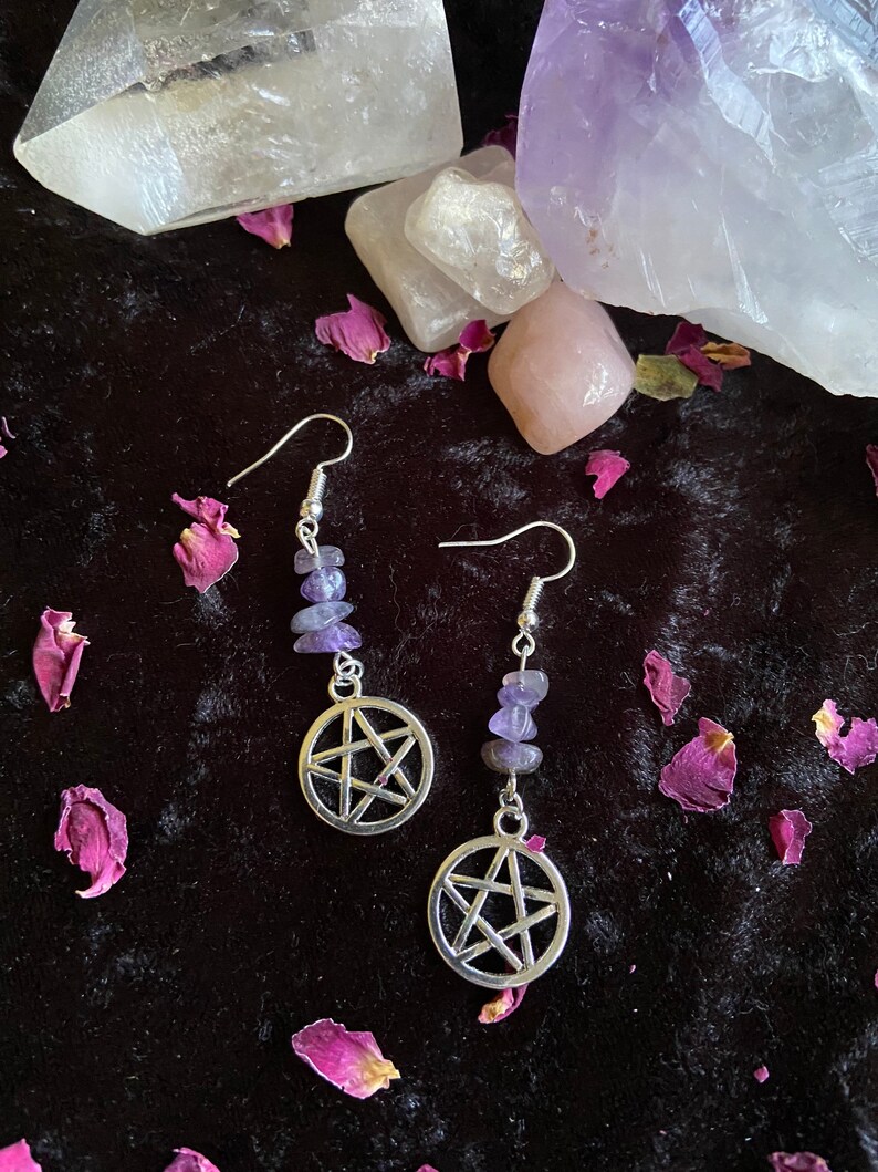 Silver pentagram crystal earrings