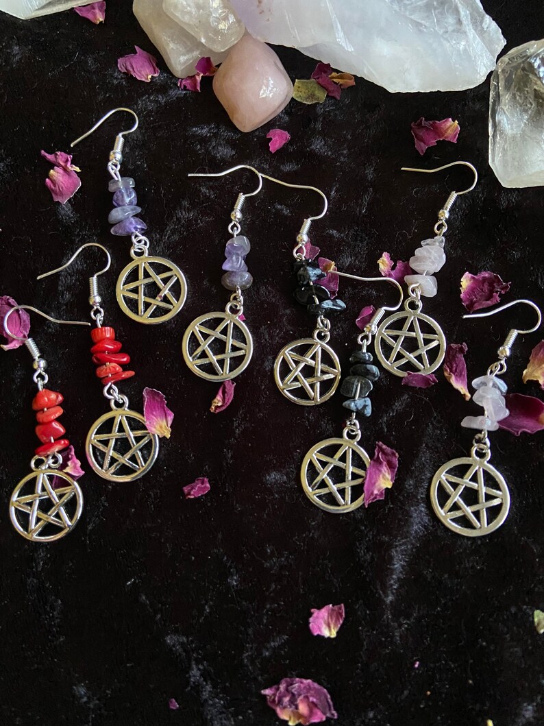 Silver pentagram crystal earrings