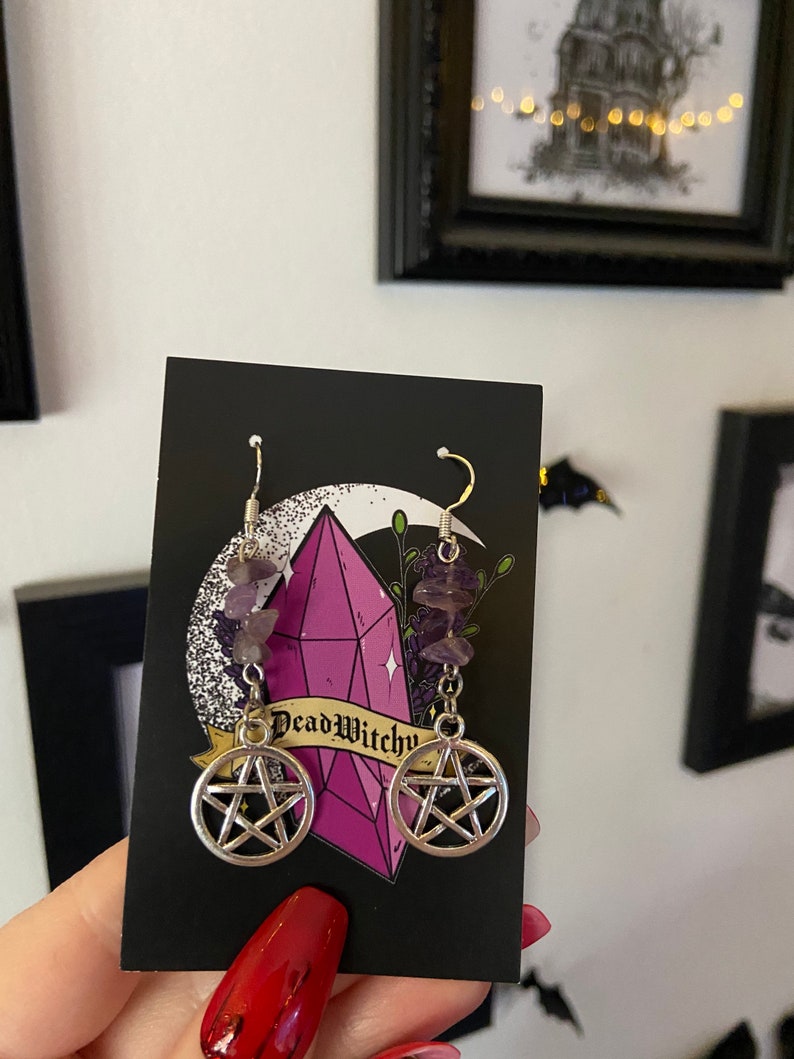Silver pentagram crystal earrings