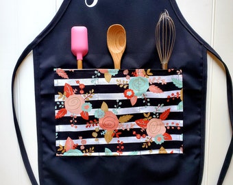 Personalized Kids Apron with Floral Pocket, Baking Gift, Tween Apron