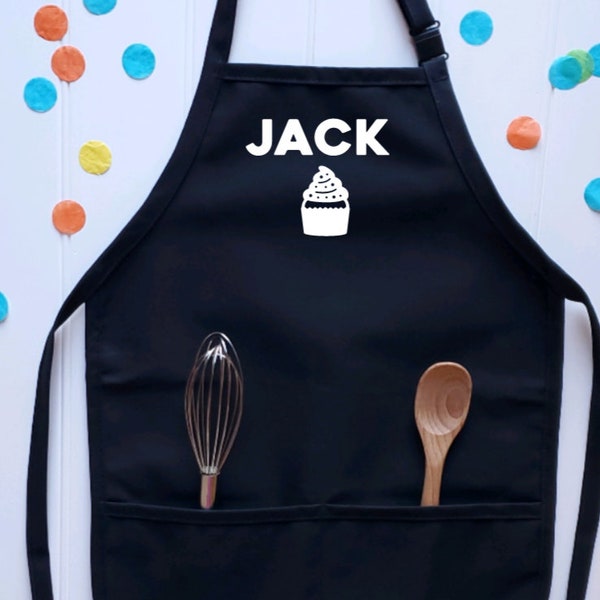 Tablier personnalisé pour enfants d’anniversaire avec cupcake, tablier personnalisé pour enfants - Tissu sergé noir de haute qualité