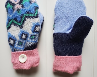 Upcycled Sweater Mittens, Pink and Blue mittens, Women's Mittens, Fleece-Lined Repurposed Sweater Mittens,  Mittens, Tween Gift