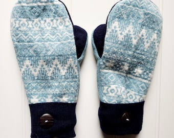 Repurposed Wool Sweater Mittens, Teal and Navy Mittens, Women's Mittens, Fleece-Lined Sweater Mittens, Upcycled Mittens, Gift for her