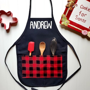 Boys Personalized Kids Apron with 3-Pockets in Buffalo Red Plaid