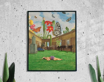 Garden Slumber Retro Poster, Surreal Wall Art, Trippy Print, Flower Decor, Funky Art, Collage Poster, Vintage Art, 8x10, 11x14, UNFRAMED