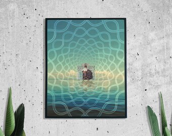 Wavelength Poster, Collage Artwork, Surreal Print, Psychedelic Wall Art, Lake Print, Meditation Poster, Trendy Wall Art, UNFRAMED
