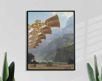 Waterfall Vintage Poster, Surreal Art Print, Landscape Artwork, Collage Art, 8x10, 11x14, UNFRAMED