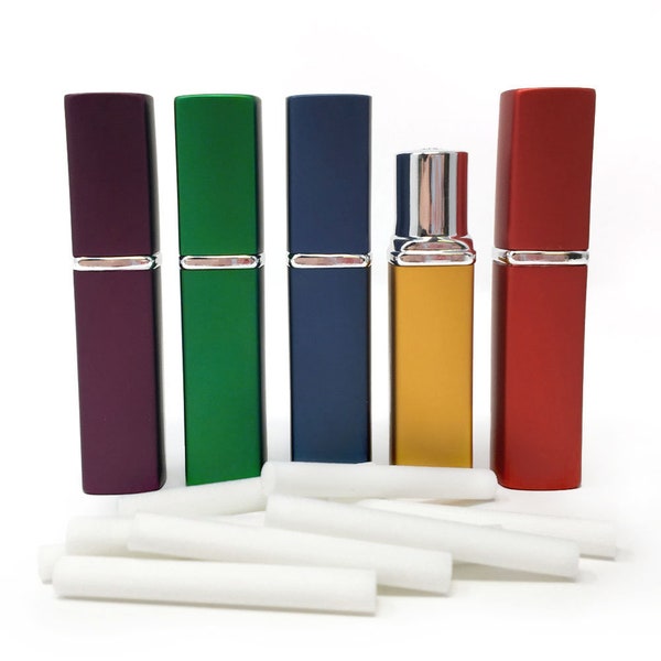 Jewel Tone Square Aluminum & Glass Refillable Essential Oil Personal Inhalers - Set of 5