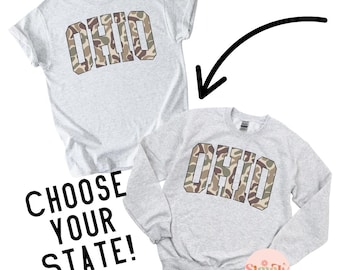 Camo State Name T-Shirt or Sweatshirt: Custom Gildan Brand