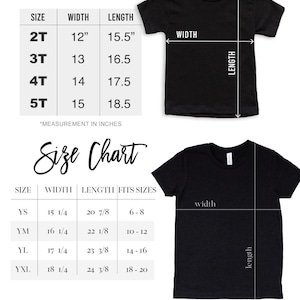 May include: Black toddler and youth jersey t-shirts with size charts. The toddler chart shows sizes 2T to 5T, with widths from 12" to 15" and lengths from 15.5" to 18.5". The youth chart includes sizes YS to YXL, with widths from 15 1/4" to 18 1/4".