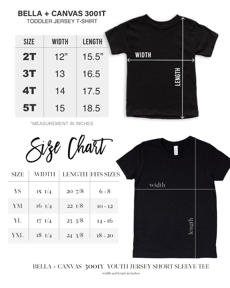 May include: Black toddler and youth jersey t-shirts with size charts. The toddler chart shows sizes 2T to 5T, with widths from 12" to 15" and lengths from 15.5" to 18.5". The youth chart includes sizes YS to YXL, with widths from 15 1/4" to 18 1/4".