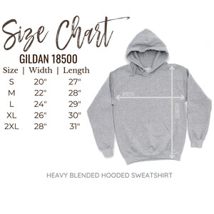 May include: Size chart for Gildan 18500 heavy blended hooded sweatshirt. The chart shows sizes S through 2XL with corresponding width and length measurements in inches.