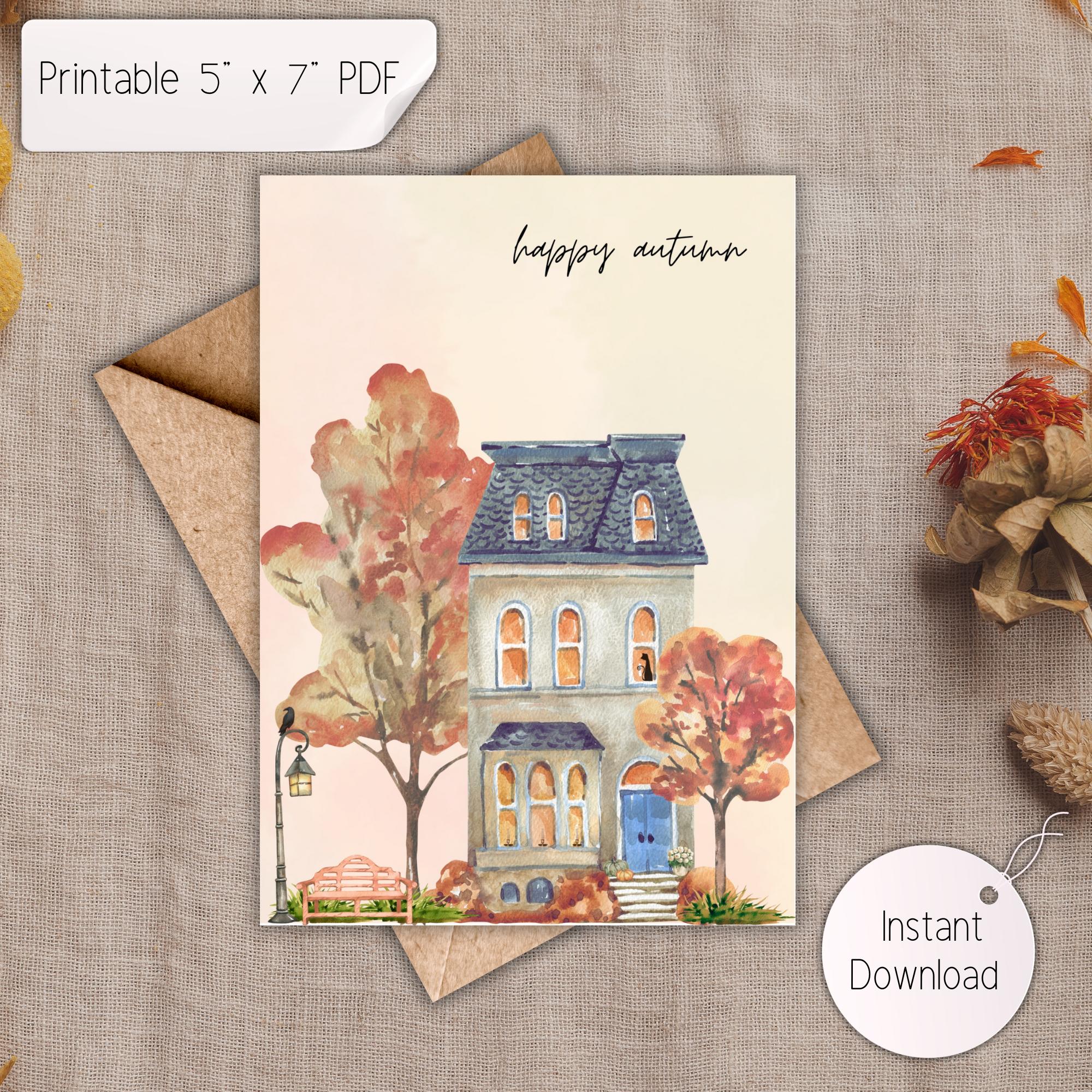 Printable Fall Greeting Card: Watercolor Autumn Leaves (5x7in Digital ...