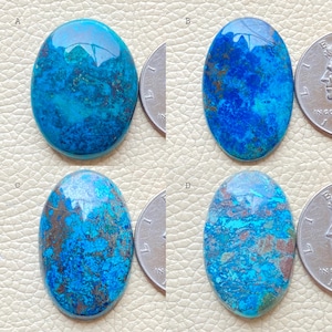 May include: Four oval-shaped cabochon gemstones in shades of blue and turquoise, with brown matrix patterns. The gemstones are displayed next to a coin for size comparison. The stones have a polished, glossy finish.