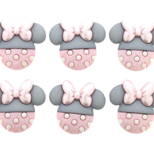 6 Baby Pink and Gray Minnie Mouse Ears Disney Novelty Shank Back Buttons, Great for Sewing, Scrapbooking, Crafts and Art Projects!