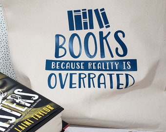 Books Because Reality Is Overrated 12" Canvas Tote Bag