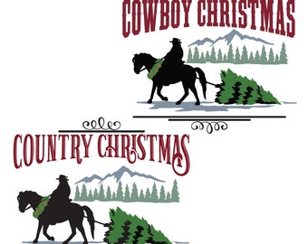 Country Cowboy Christmas, farmhouse. cowboy on horse with christmas tree, SVG, DXF,for Silhouette, Cricut, Cutting Machines, Commercial Use