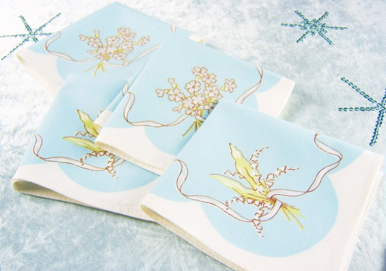 Lily of the Valley Blue Linen Bridal Napkin Blue Floral Print Set of 4 Vintage Spring Luncheon Napkins Mothers Day or Easter Brunch