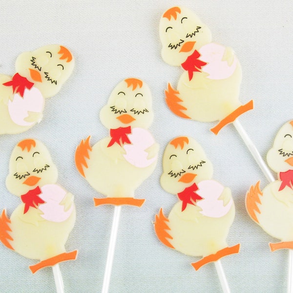 Easter Chick Cupcake Picks, 6 Vintage Easter Cake Decorations, Large Plastic Spring Chicks & Eggs, Springtime Party Cup Cake Toppers