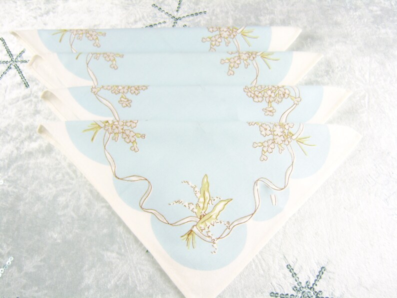 Lily of the Valley Blue Linen Bridal Napkin Blue Floral Print Set of 4 Vintage Spring Luncheon Napkins Mothers Day or Easter Brunch