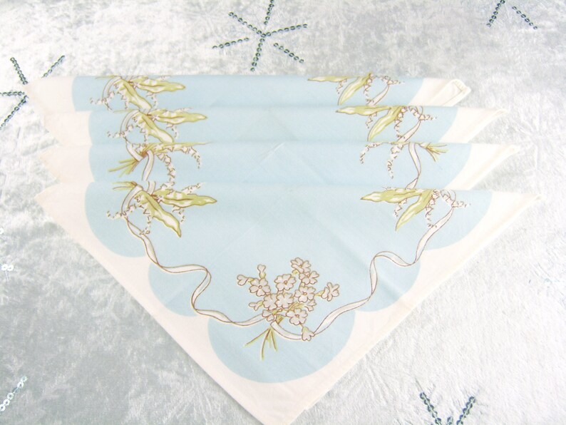 Lily of the Valley Blue Linen Bridal Napkin Blue Floral Print Set of 4 Vintage Spring Luncheon Napkins Mothers Day or Easter Brunch