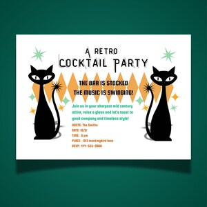 BUNDLE-Atomic Cat Style Retro Cocktail Party Bundle, Mid-Century Modern Party, 1950s Cocktail Invitation - Digital Download