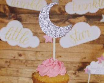 Moon and Star Cupcake Toppers | Crescent Moon Toppers | Twinkle Twinkle Little Star | Space Party | Baby Shower | Celestial | 10 Pieces