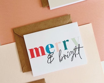 Christmas Cards | Merry And Bright | Printable Holiday Cards | Christmas Card Set | Colorful Winter Cards | Modern Christmas | Pink | Blue