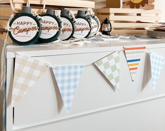 Camping Themed Sortierte Muster Girlande | Junge gemusterte Banner | Wimpelkette | Lager-Babyparty | Ein Happy Camper Geburtstagsdekor