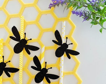 Bumblebee Paper Straws | Mommy to Bee Party Decorations | Bumblebee Baby Shower | Black Glitter Bees | Colorful Paper Straw Mixture