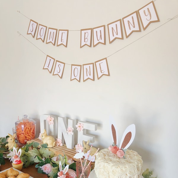 Some Bunny is One Birthday Banner | Rabbit Birthday | Girl Birthday Decorations | Spring Birthday Decor | First Birthday Party Kit | Bunny