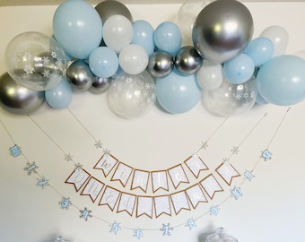 Snowflake Balloon Garland | Winter Wonderland | Onederland First Birthday Party | Blue White Silver Snowflake Balloons | Winter Baby Shower
