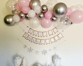 Snowflake Balloon Garland | Winter Wonderland | Onederland First Birthday Party | Pink White Silver Snowflake Balloons | Winter Baby Shower