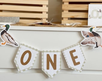 One Lucky Duck First Birthday | Mallard Duck Hunting High Chair Banner | Boy 1st Birthday Cake Decor| Fall First 1st Bday | Green and Tan