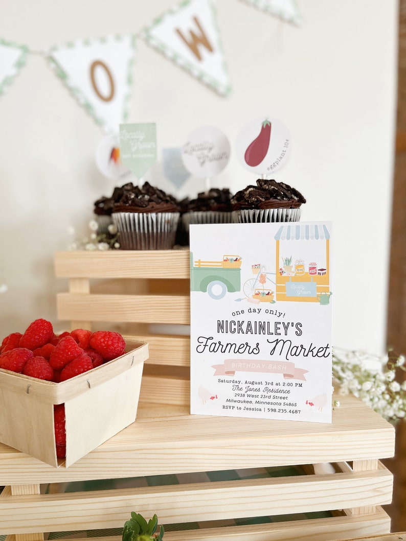 May include: A birthday party invitation for a child named Nickainley. The invitation is decorated with a cartoon illustration of a farmer's market stand with a truck and vegetables. The text reads "one day only! Nickainley's Farmers Market Birthday Bash" with the date, time, location, and RSVP information.
