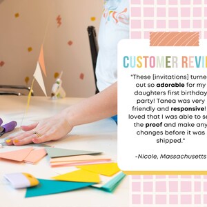May include: A customer review for a party invitation service. The review states "These [invitations] turned out so adorable for my daughters first birthday party! Tanea was very friendly and responsive! I loved that I was able to see the proof and make any changes before it was shipped." -Nicole, Massachusetts