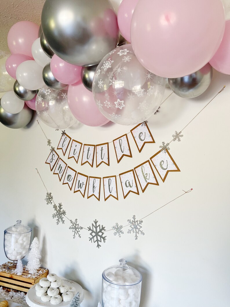 Snowflake Balloon Garland Winter Wonderland Onederland First Birthday Party Pink White Silver Snowflake Balloons Winter Baby Shower image 7